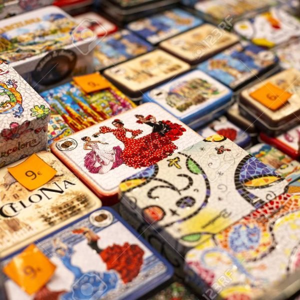 Assortment of  Boxes with sweets, candys, chocolate for souvenirs from Barcelona, Catalonia, Spain  on the famous market. 30 April, 2019.